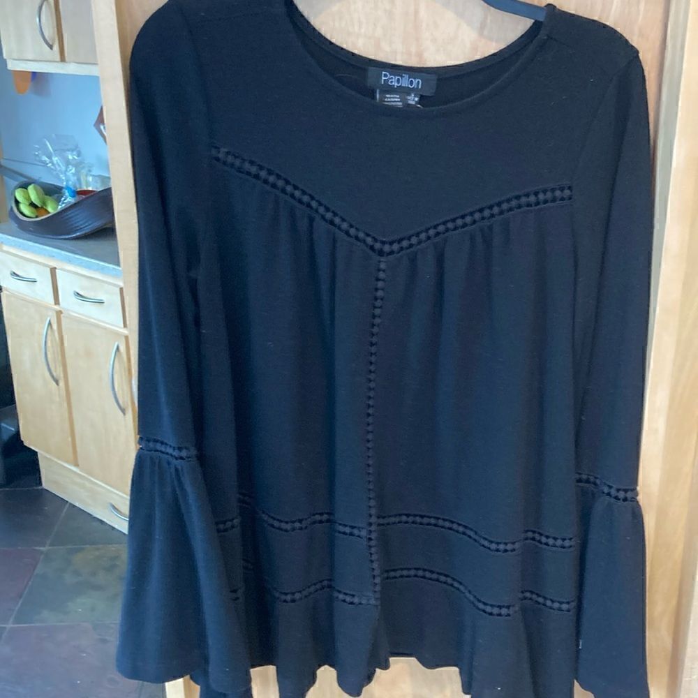 PAPILLON Black soft swing Top Bell sleeves dot cut out embroidery cut  Small